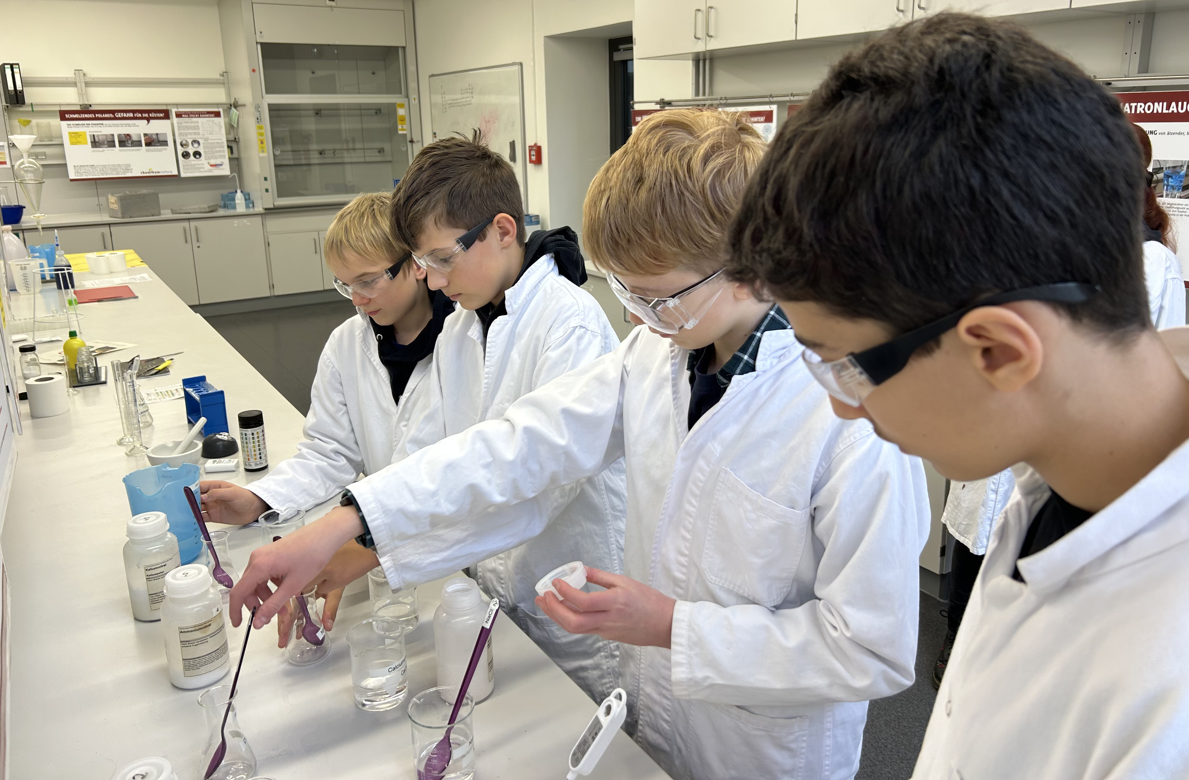 4 Schüler testen verschiedene Salzlösungen